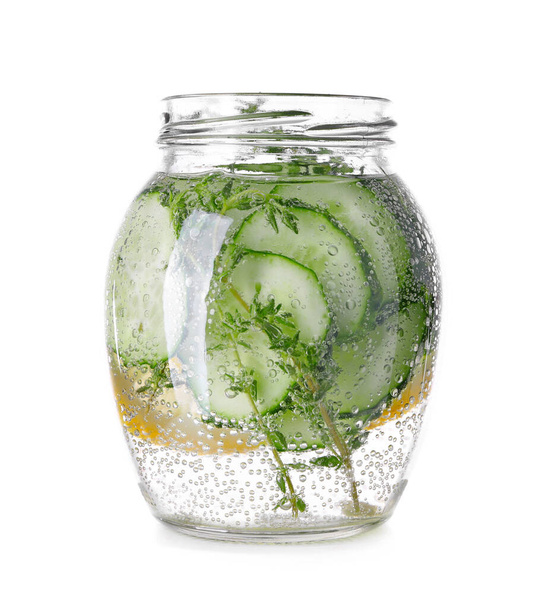 Jar of healthy infused water on white background - Photo, Image
