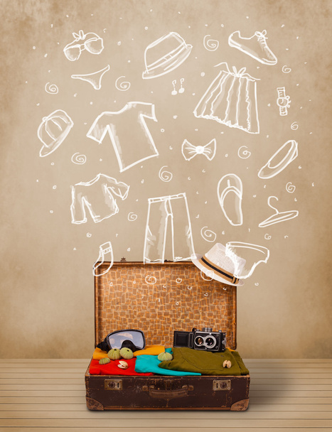 Traveler luggage with hand drawn clothes and icons - Foto, Bild
