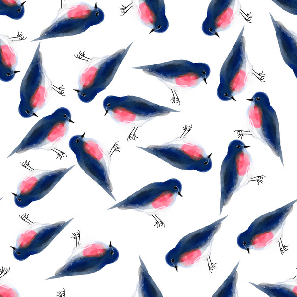 Rood geflankeerd blauwstaart naadloos patroon eindeloze blauwe en rode veren vogel aquarel - Foto, afbeelding