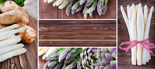 Espárragos y collage vegetal sobre fondo de madera
 - Foto, imagen