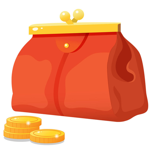 Color images of red wallet with coins on white background. Money and finance. Vector illustration set. - Vektori, kuva