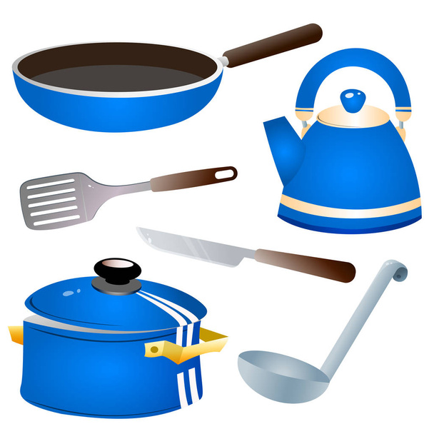 Set of kitchen dishes. Color images of pan, kettle, knife,  serving spoon and skillet on white background. Vector illustration. - Vektör, Görsel