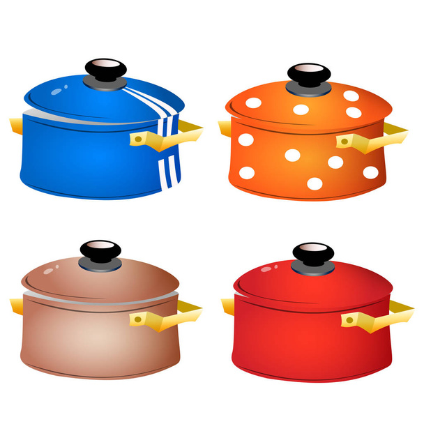 Set of kitchen dishes. Color images of colorful pans on white background. Vector illustration. - Vektör, Görsel