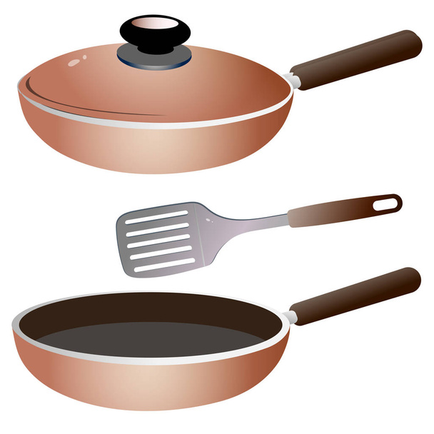 Set of kitchen dishes. Color images of skillet with cap and of open frying pan on white background. Vector illustration. - Vektör, Görsel