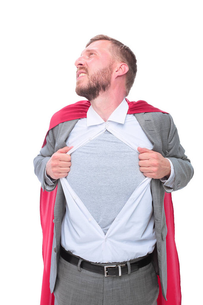 Бизнесмен в классической позе супергероя порвал рубашку
 - Фото, изображение