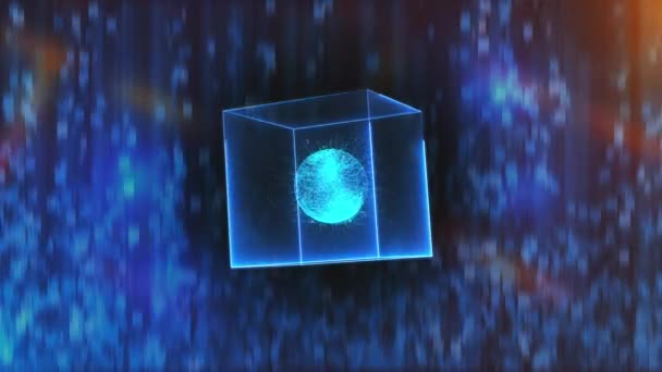 Неоновый куб с центром обработки данных в нулевой гравитации на заднем плане, компьютер сгенерировал 3D-рендеринг
 - Кадры, видео