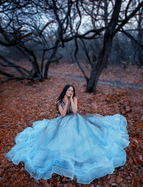 Vonzó szexi nő egy luxus kék ruhában ül a földön, mint a virág. Lehullott narancs levelek, csupasz fák. Mesebeli hercegnő a gótikus őszi erdőben. Vintage stílus. hosszú fekete haj. élvezi a természetet - Fotó, kép