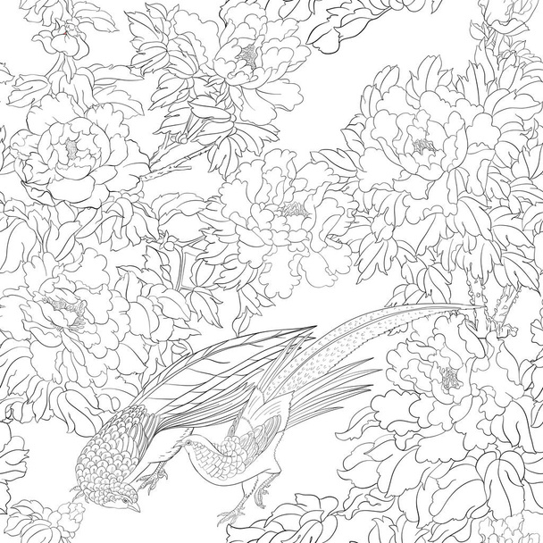 Ветка пиона с цветами с фазанами
 - Вектор,изображение