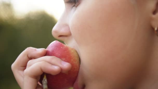 Niña comiendo manzana orgánica en el jardín. Concepto de cosecha. De cerca.
 - Metraje, vídeo
