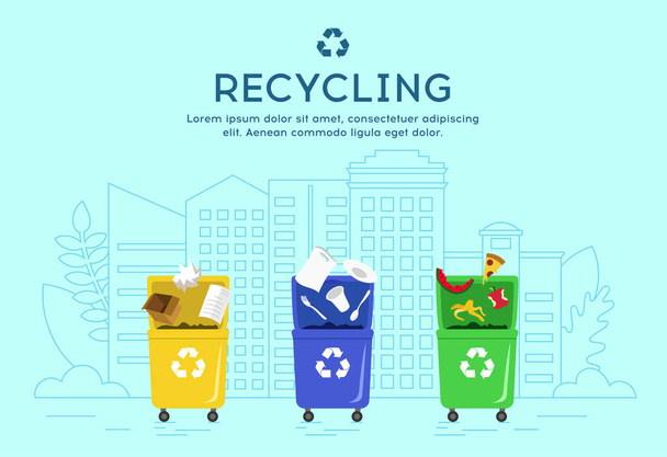 Έννοια ανακύκλωσης και διαλογής αποβλήτων. Σετ κάδων απορριμμάτων με ταξινομημένα σκουπίδια. - Διάνυσμα, εικόνα