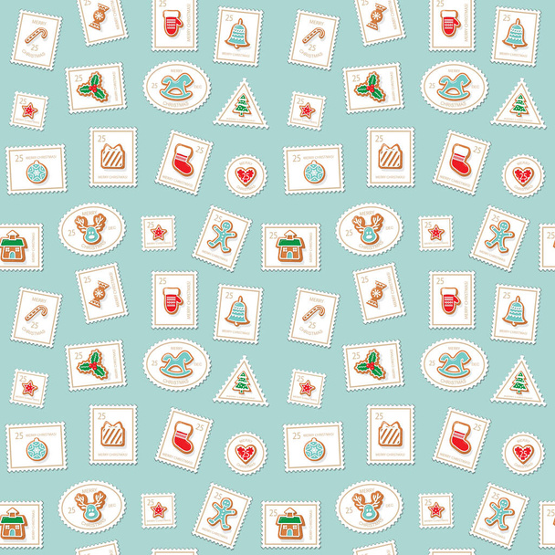 Christmas postage stamps seamless background. Colorful Gingerbread cookies. Traditional pattern for wrapping paper, winter holidays decor. Raster - Photo, image
