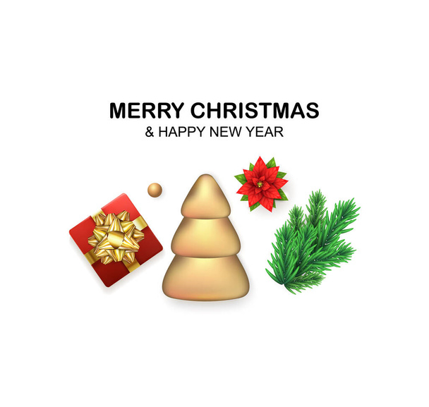 Bannière de vœux vectorielle 3D Joyeux Noël. Plat Vue sur le dessus, fleur rouge Poinsettia Star, boîte cadeau, arbre de Noël en or, branche de sapin, boule de Noël isolée sur blanc. Signes scintillants brillants pour le Nouvel An, Noel
 - Vecteur, image