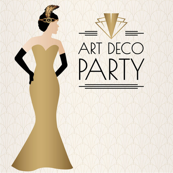 Gatsby Art Deco Illustration Design with Women in Gold Dress - Vector, Image