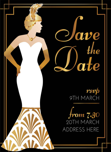 Gatsby Art Deco Guardar la fecha de la boda Invitación Diseño con Wom
 - Vector, Imagen
