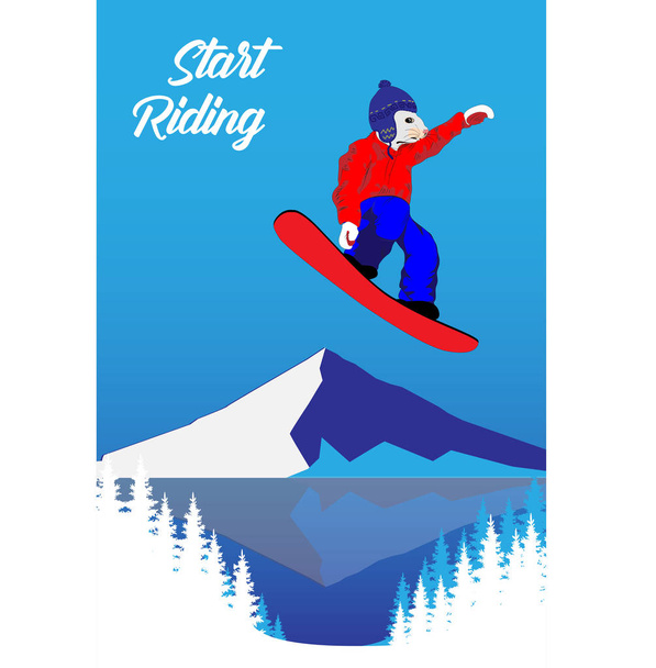 Ratón de Navidad en una tabla de snowboard. Saltar un enorme copo de nieve. Para diseños de tarjetas o pósters
. - Vector, imagen