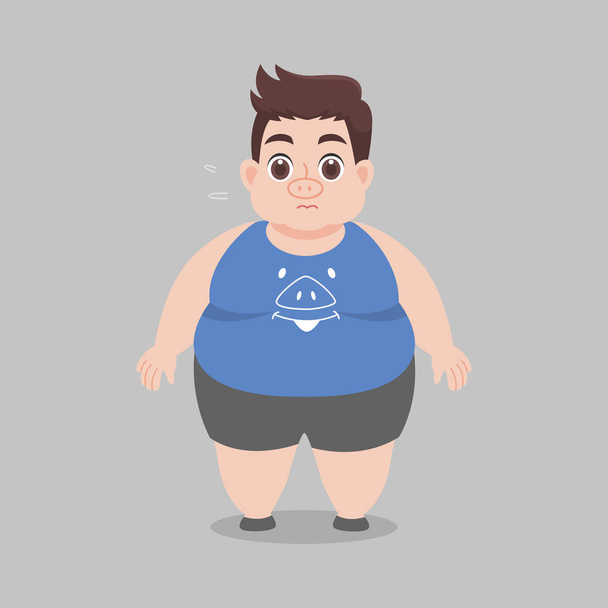 Big Fat Man zorgen te maken het dragen van blauwe varkens shirt, Healthcare concept cartoon Healthy karakter platte vector ontwerp. - Vector, afbeelding