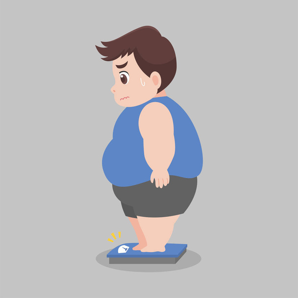 Big Fat Man stoi na wagi elektronicznej wagi ciała Healthcare koncepcji kreskówki Zdrowy charakter płaski wektor projektu. - Wektor, obraz