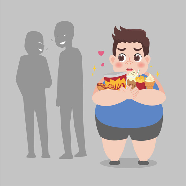 人々は脂肪の人をいじめ、プラスサイズの少年はいくつかのいじめを持っており、彼の肥満に動揺を感じる。ヘルスケアコンセプト漫画健康的な文字フラットベクトルデザイン. - ベクター画像