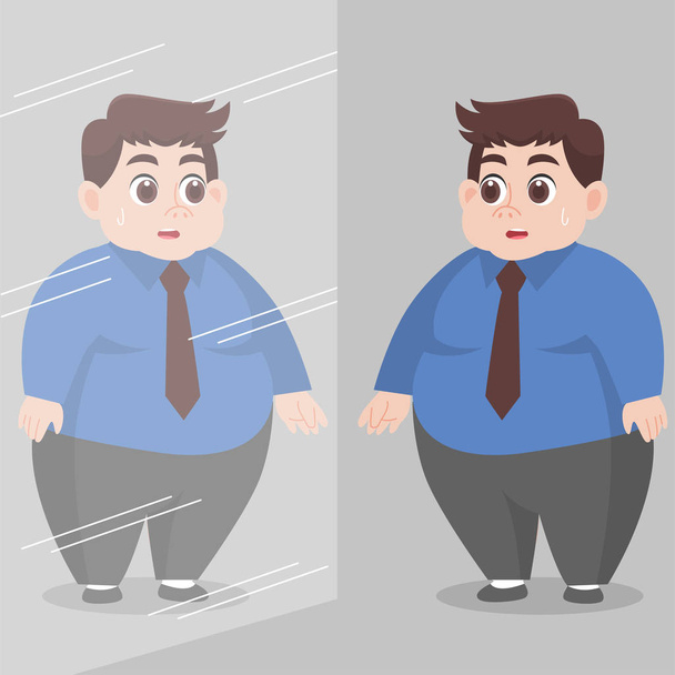 Big Fat Man mirándose en el espejo y sentir preocupación Salud concepto de dibujos animados personaje saludable diseño de vectores planos
. - Vector, Imagen