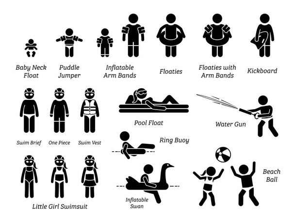 Children and kids swimming aids, safety equipment, recreational gears, and swimming pool water toys stick figure icons pictogram. Illustration cliparts of baby, toddler, and children swimming product. - Vector, Image