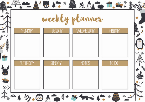 Weekly  planner, A4 format printable page .  Christmas, winter planners for notebook - Vector, Image
