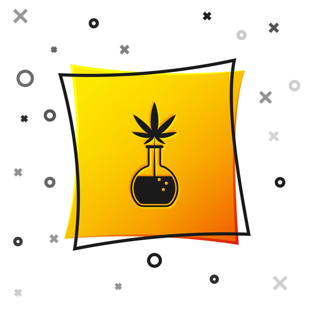 Μαύρο χημικό δοκιμαστικό σωλήνα με μαριχουάνα ή φύλλα κάνναβης απομονωμένο σε λευκό φόντο. Ερευνητική ιδέα. Laboratory Cbd πετρελαίου έννοια. Κουμπί κίτρινο τετράγωνο. Εικονογράφηση διανύσματος - Διάνυσμα, εικόνα
