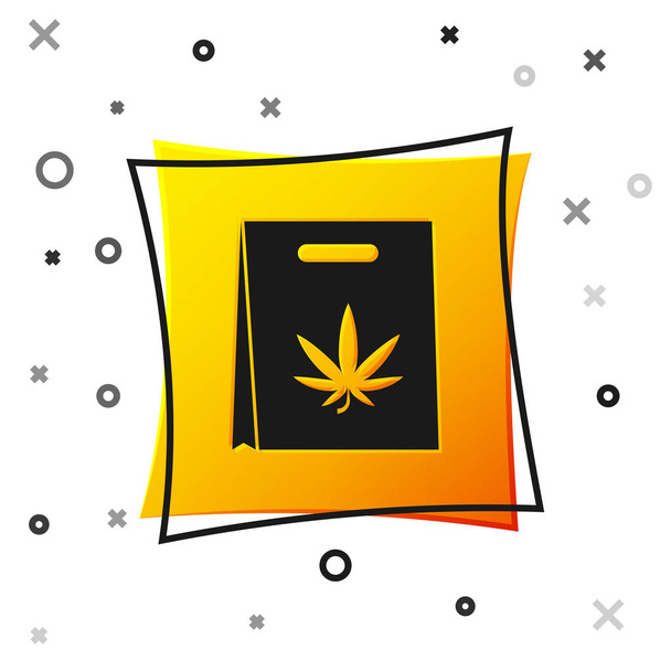 Zwarte papieren boodschappentas met medicinale marihuana of cannabis blad icoon geïsoleerd op witte achtergrond. Wiet kopen. Hennep symbool. Gele vierkante knop. Vector Illustratie - Vector, afbeelding
