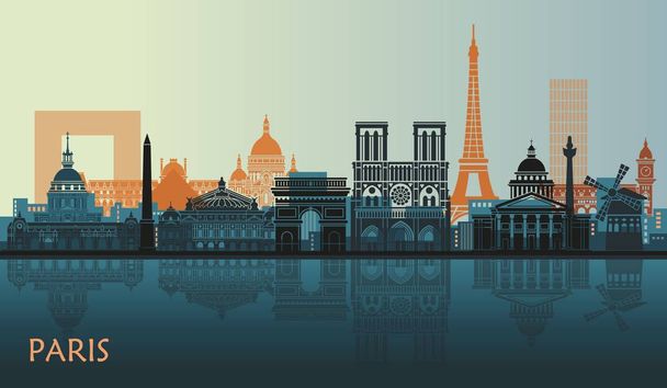 Стилізований краєвид Парижа з Ейфелевої вежі, дугової Тріумфальної арки і собору Паризької Богоматері та інші визначні пам'ятки - Вектор, зображення