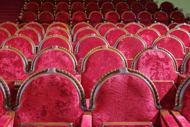 Empty vintage red wooden and velvet chairs - 写真・画像