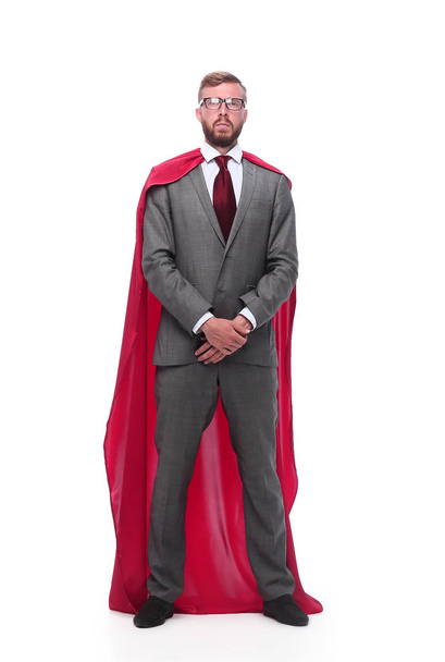 full length . serious businessman superhero in red Cape - Фото, зображення