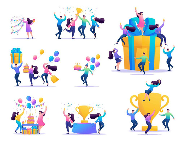 Conjunto de conceptos de celebrar a la gente, celebrar un cumpleaños, celebrar una fiesta, disfrutar de la victoria, para lograr el éxito
 - Vector, Imagen