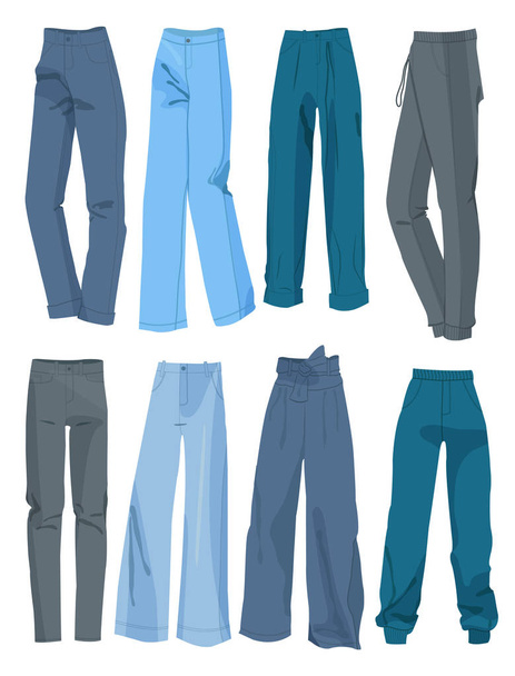 Set di jeans alla moda e classici, diversi colori, stili, cose belle per la vita di tutti i giorni, isolati su uno sfondo bianco
. - Vettoriali, immagini