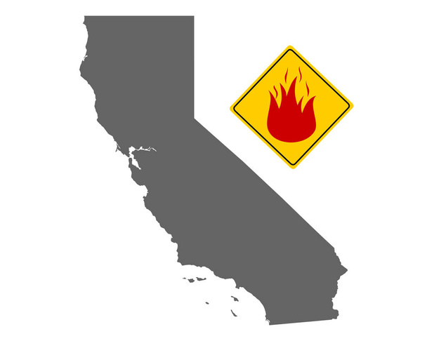 Mapa de California y pin con advertencia de incendio
 - Vector, imagen