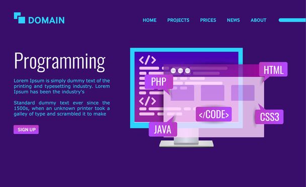 Programming Landing page design. PC with program code and icons java, html, css, html.  - Vector, Image