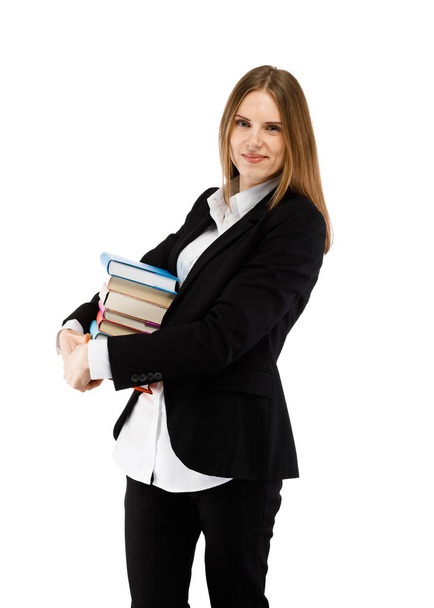Woman posing with books on white copy space background - Zdjęcie, obraz
