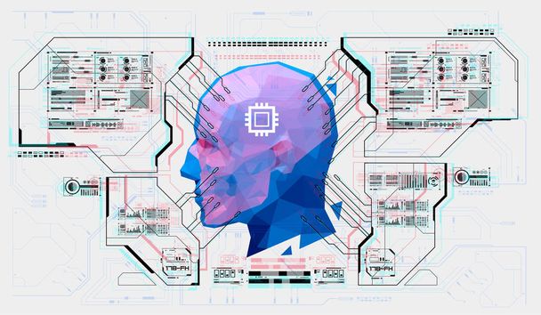 AI avanzada Desde la interfaz Futuristic Hud. Concepto de sistema de reconocimiento facial. Soporte de robot de inteligencia artificial AI. Concepto de tecnología de aprendizaje automático
. - Vector, Imagen