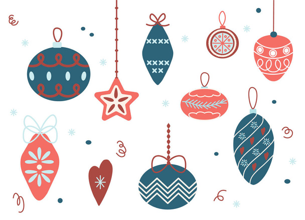 Szett baubles, játék és dekorációk karácsonyfa. Illusztráció lapos rajzfilm stílusban. - Fotó, kép