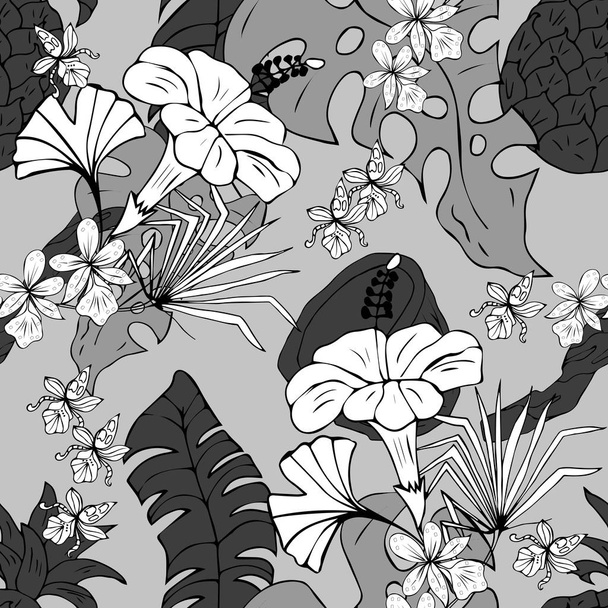 熱帯植物で作られたモノクロームの模様 - ベクター画像