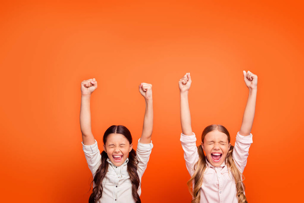 Yeah unbelievable victory. Portrait of lucky delighted crazy two kids girls win contest feel euphoria scream raise fists wear modern clothing isolated orange color background - Fotó, kép