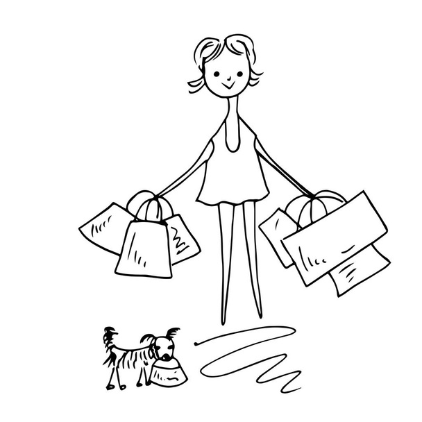 Περίγραμμα σκίτσα του κοριτσιού με τσάντες ψώνια και το σκυλί - Διάνυσμα, εικόνα