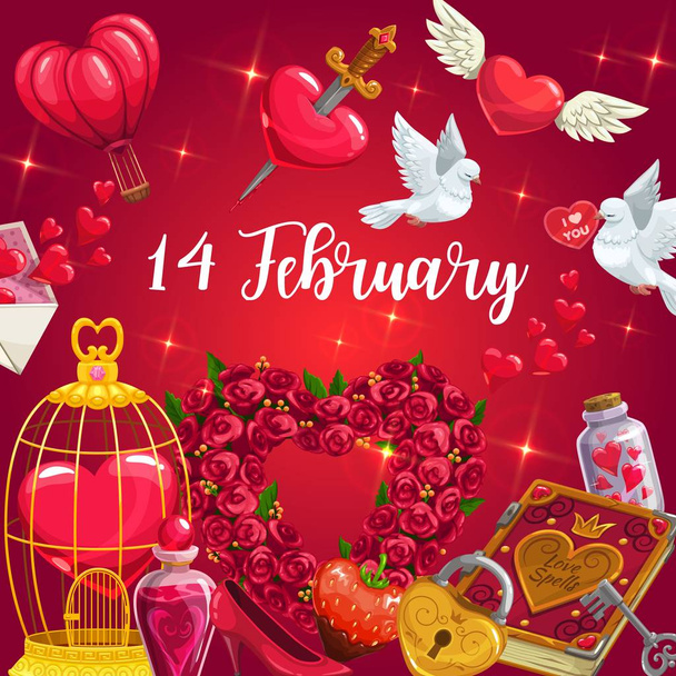 Rózsa virágok, Valentin-napi szív, galamb madarak - Vektor, kép