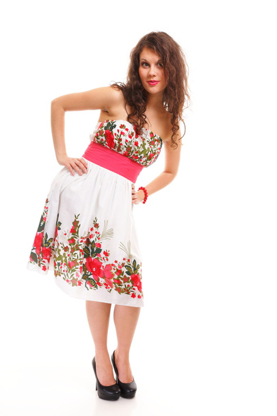Fashion young woman in summer dress on white - Фото, изображение