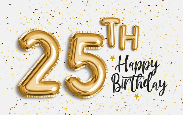 Happy 25th birthday gold foil balloon greeting background. 25 years anniversary logo template- 25th celebrating with confetti. Photo stock. - Photo, Image