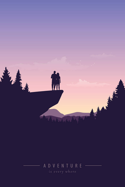 casal em uma aventura penhasco na natureza com vista para a montanha
 - Vetor, Imagem