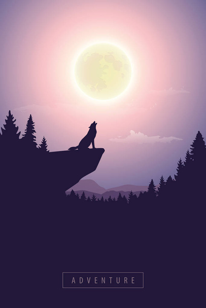 wilk na klifie wyje przy pełni księżyca mistyczny krajobraz natury - Wektor, obraz