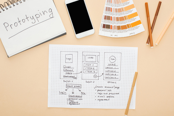 top view of smartphone near website design template, color palette, felt-tip pens and notebook with prototyping lettering on beige background - 写真・画像