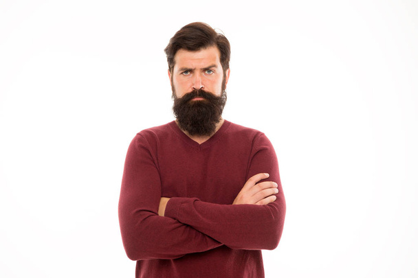 Confident in his style. serious hipster with mustache. hairdresser salon. hipster after barbershop. male fashion and beauty. beard hair care. brutal man isolated on white backdrop. mature bearded man - Foto, Bild