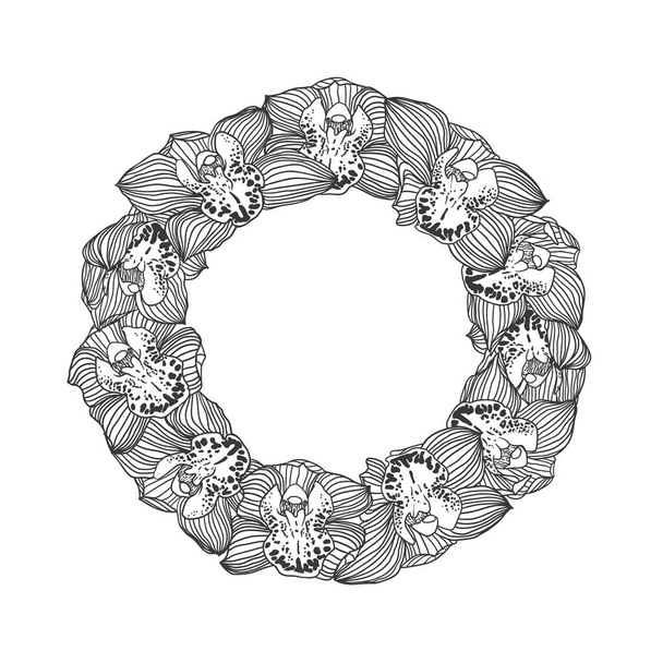 Wreath of hand drawn royal orchid flowers - Vector, imagen