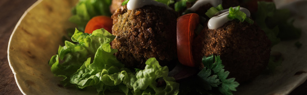 zbliżenie widok falafela z sosem na picie z warzywami w ciemności, panoramiczne ujęcie - Zdjęcie, obraz