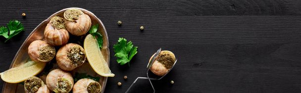 top view of delicious cooked escargots with lemon and tweezers on black wooden table, panoramic shot - Foto, Imagen